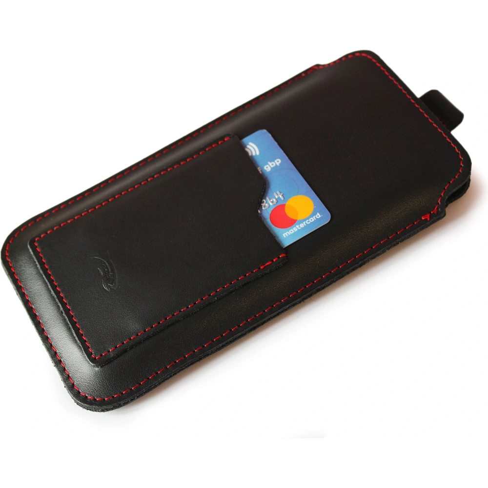 Skórzane etui uniwersalne LURESKO ASTER XXXL z oczkiem na smycz wsuwka na telefon 6.5' - 6.9' (czarny gładki czerwona nić)