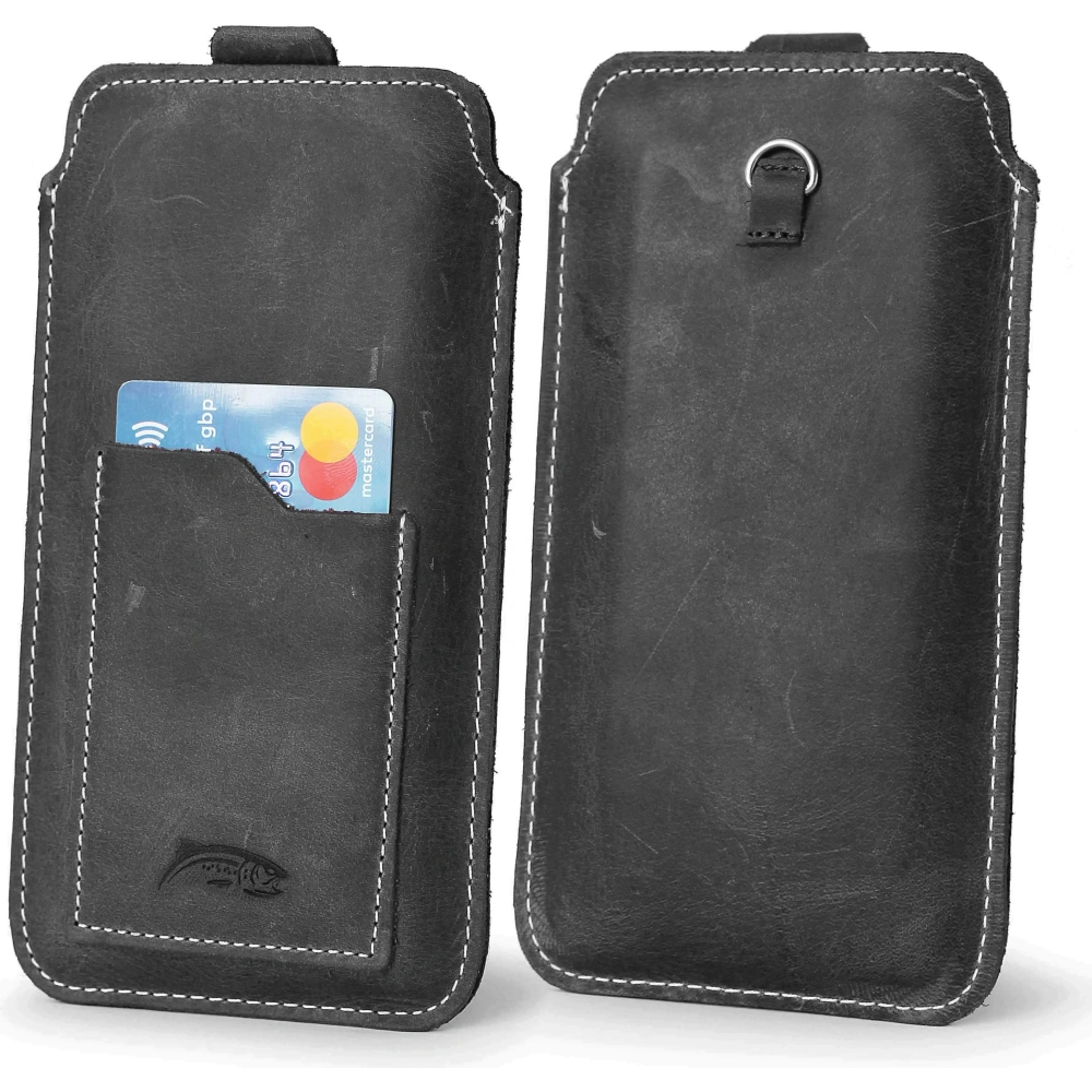 Skórzane etui uniwersalne LURESKO ASTER XXXL z oczkiem na smycz wsuwka na telefon 6.5' - 6.9' (szary vintage biała nić)