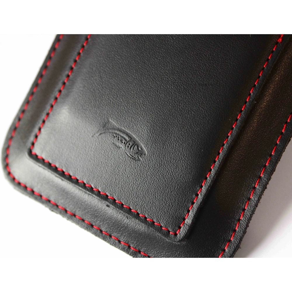 Skórzane etui uniwersalne LURESKO ASTER XXXL z oczkiem na smycz wsuwka na telefon 6.5' - 6.9' (czarny gładki czerwona nić)