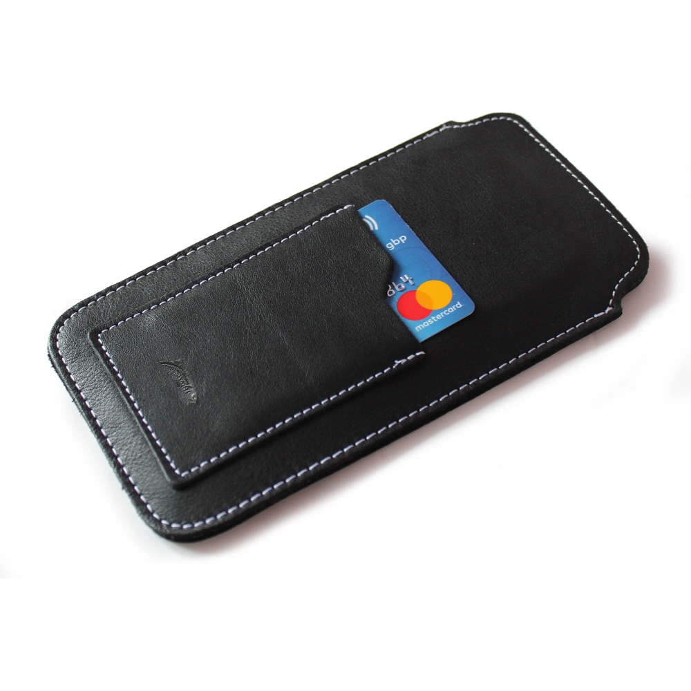 Skórzane etui uniwersalne LURESKO ASTER 4XL z oczkiem na smycz wsuwka na telefon do 7' (czarny gładki biała nić)