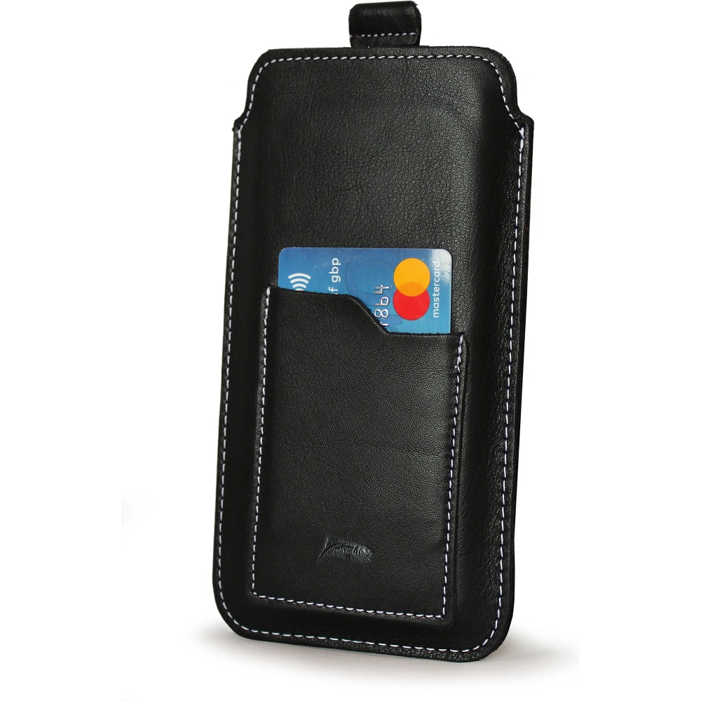 Skórzane etui uniwersalne LURESKO ASTER 4XL z oczkiem na smycz wsuwka na telefon do 7' (czarny gładki biała nić)