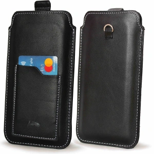 Buy LURESKO ASTER XXL universal leather case with a loop for a strap, slip-in for phones 5.8' - 6.1' (smooth black with white stitching) - LUR31 - {ean13} - Home Screen Store Europe