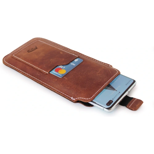 Kup LURESKO ASTER XXL universelle Lederhülle mit einer Schlaufe für einen Lanyard für 5,8' - 6,1' Telefon (vintage braun mit weißem Faden) - LUR32 - {ean13} - Sklep Home Screen