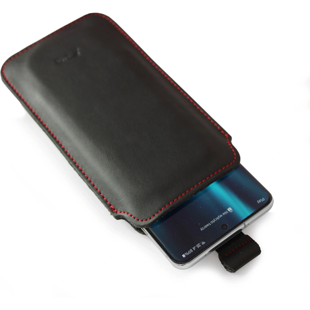 Skórzane etui wsuwane LURESKO LILLA XXXL wsuwka na telefon 6.5' - 6.9' (czarny gładki czerwona nić)