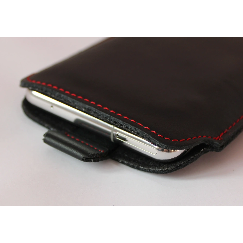 Skórzane etui wsuwane LURESKO LILLA XXXL wsuwka na telefon 6.5' - 6.9' (czarny gładki czerwona nić)