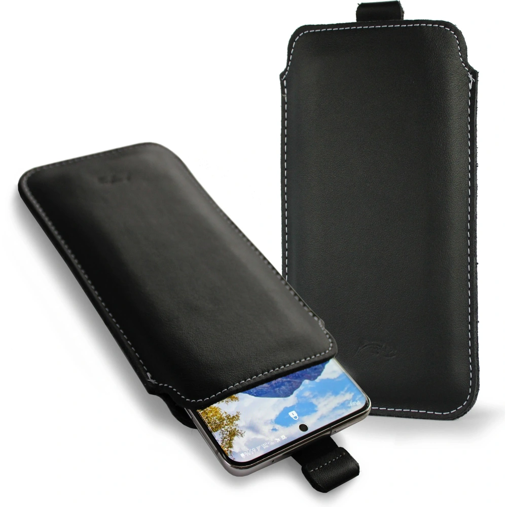 Skórzane etui wsuwane LURESKO LILLA 4XL wsuwka na telefon do 7' cali pokrowiec skórzany (czarny gładki biała nić)