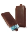 LURESKO LILLA 4XL Lederhülle zum Einschieben für ein Handy bis 7 Zoll, Ledercover (vintage braun mit weißen Nähten)