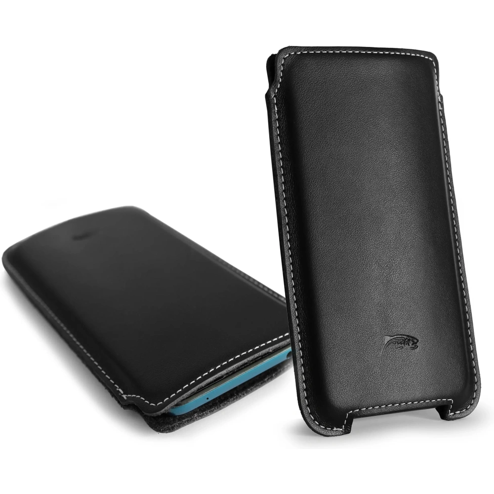 Skórzane etui LURESKO NORTHERN XXXL typu wsuwka na telefon (czarny gładki biała nić)