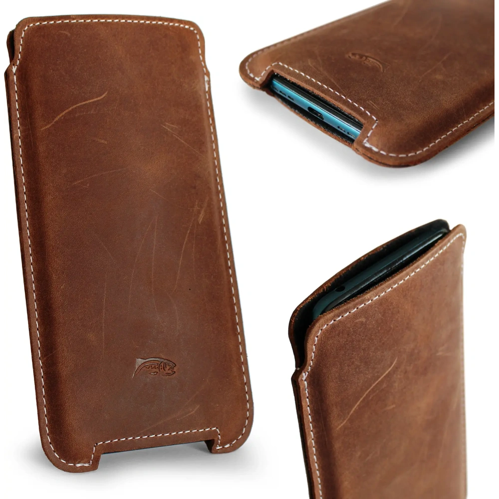 Skórzane etui LURESKO NORTHERN XXXL typu wsuwka na telefon (brąz vintage biała nić)