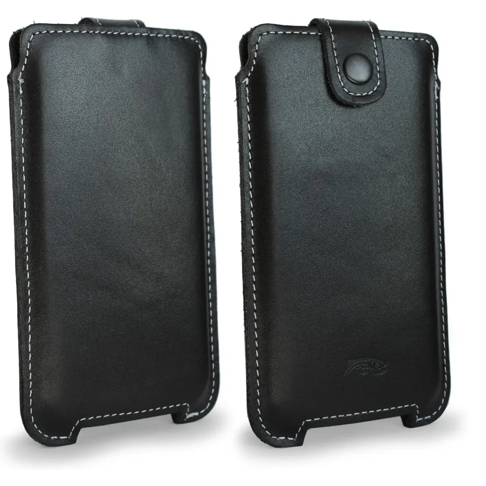 Skórzane etui LURESKO SOFIJA XXXL uniwersalne zapinane na pasek (czarny gładki biała nić)