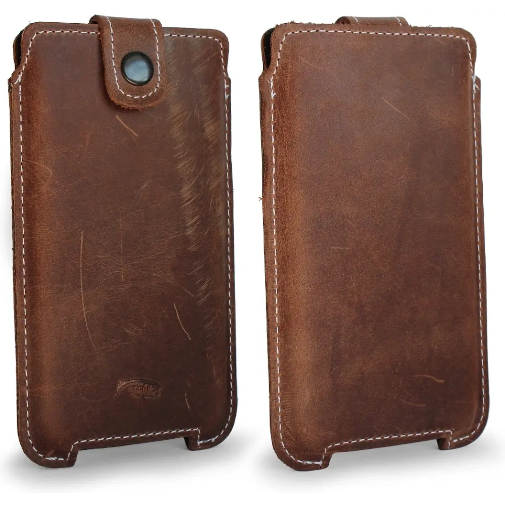 Skórzane etui LURESKO SOFIJA XXXL uniwersalne zapinane na pasek (brązowy vintage biała nić)