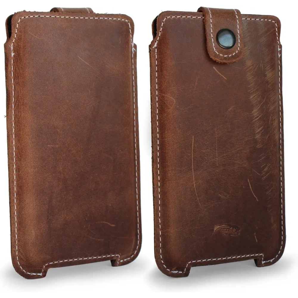 Skórzane etui LURESKO SOFIJA XXXL uniwersalne zapinane na pasek (brązowy vintage biała nić)