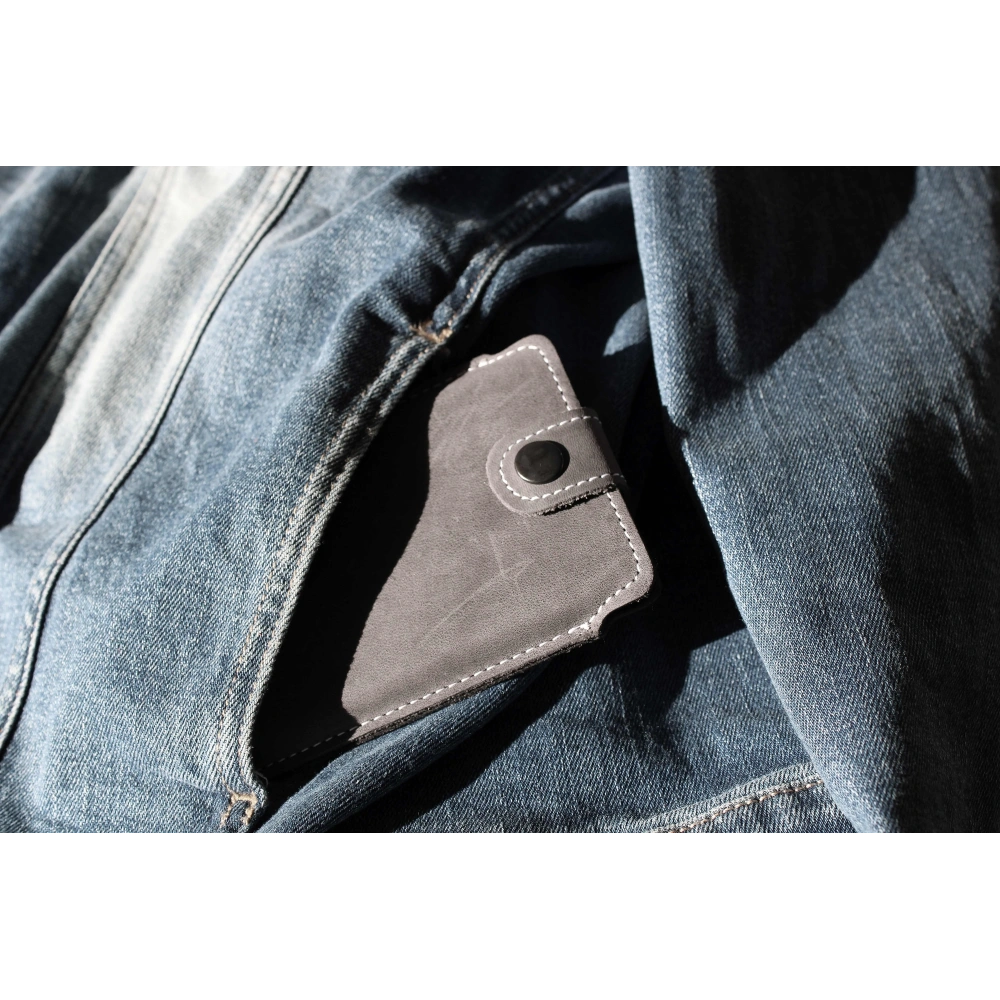 Skórzane etui LURESKO SOFIJA XXL uniwersalne zapinane na pasek (szary vintage biała nić)