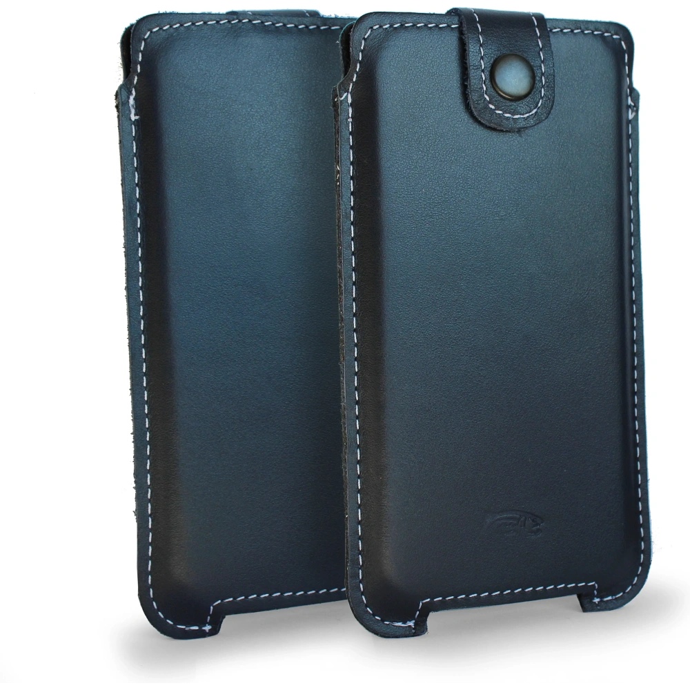 Skórzane etui LURESKO SOFIJA XXL uniwersalne zapinane na pasek (granatowy gładki biała nić)