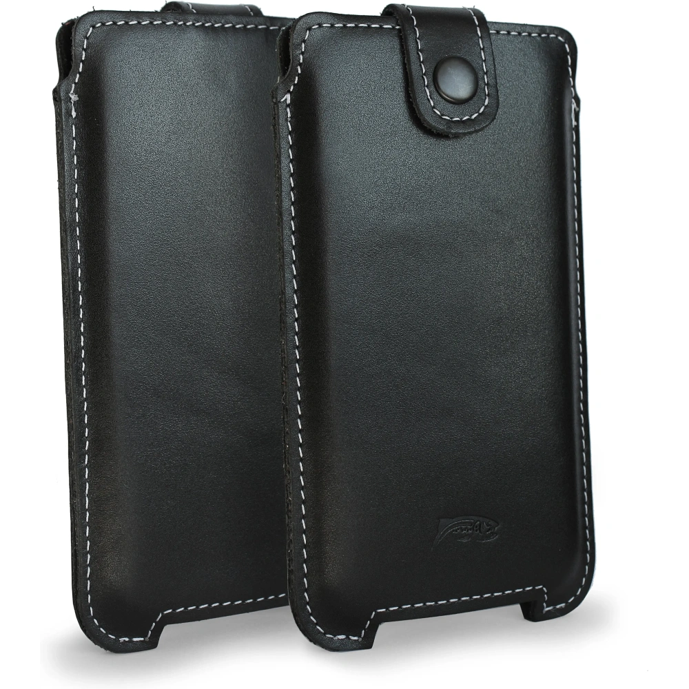 Skórzane etui LURESKO SOFIJA XXL uniwersalne zapinane na pasek (czarny gładki biała nić)