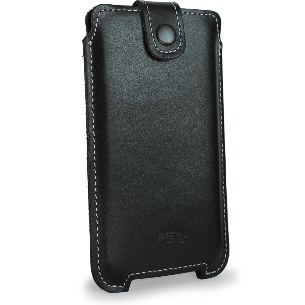 Skórzane etui LURESKO SOFIJA XXL uniwersalne zapinane na pasek (czarny gładki biała nić)