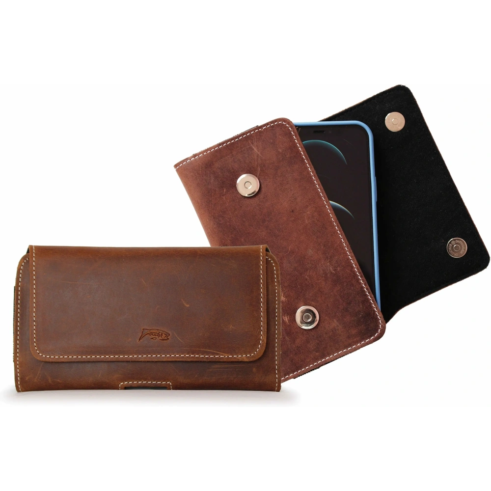 Skórzana kabura LURESKO SUNNE XL do paska 165x82x12 (magnes płaski) (brązowy vintage biała nić)