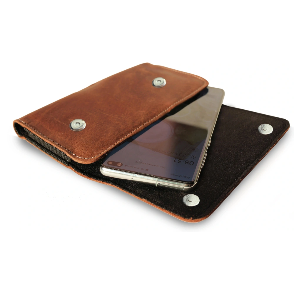 Skórzana kabura LURESKO SUNNE XL do paska 165x82x12 (magnes płaski) (brązowy vintage biała nić)