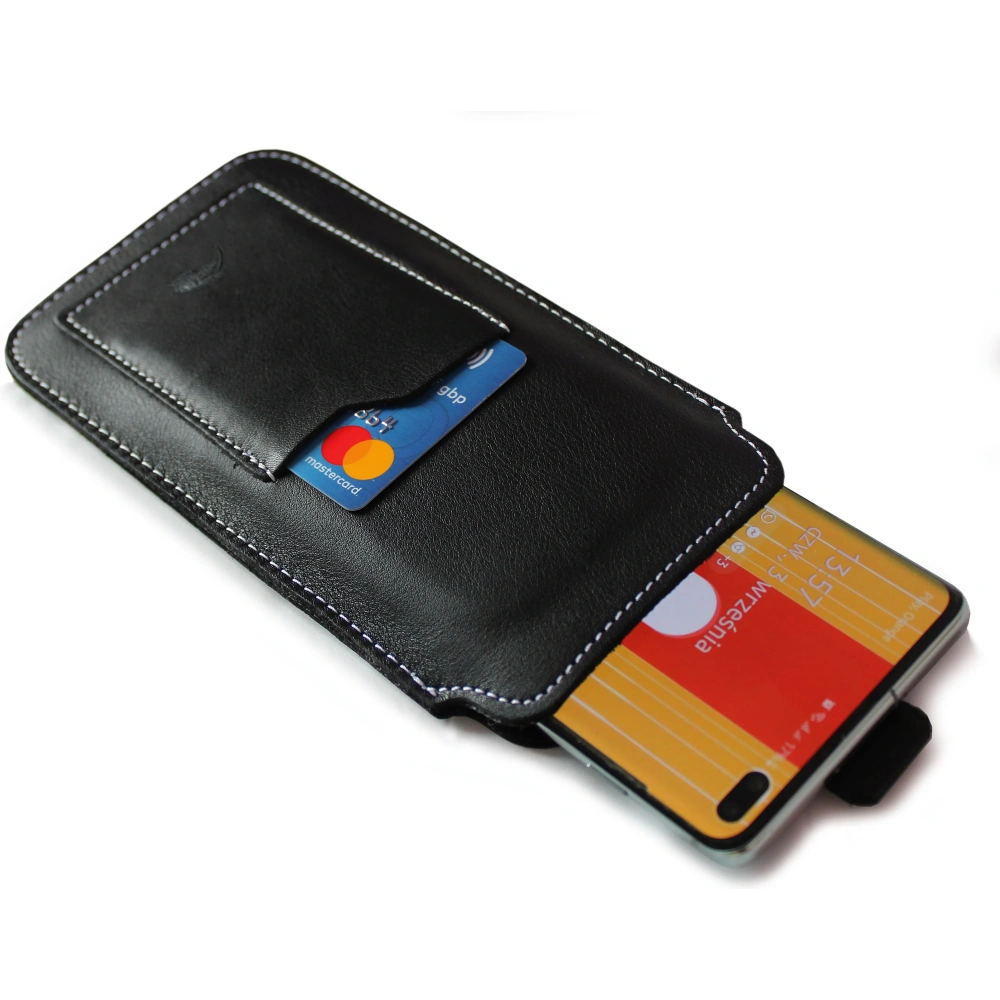 Skórzane etui uniwersalne z oczkiem na smycz LURESKO NEW ASTER XXXL wsuwka na telefon 6.5' - 6.9' (czarny gładki biała nić)