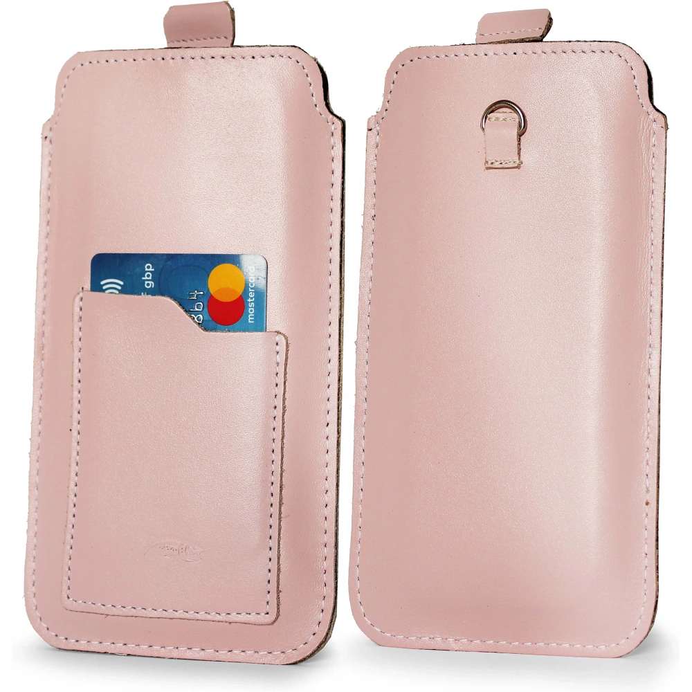Skórzane etui uniwersalne z oczkiem na smycz LURESKO NEW ASTER XXXL wsuwka na telefon 6.5' - 6.9' (różowy biała nić)
