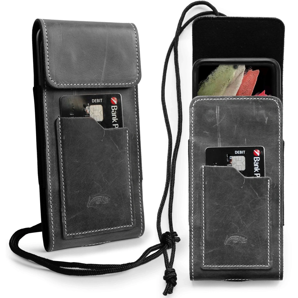 Skórzane etui na szyję / do paska / do szlufki kabura pionowa LURESKO HECTOR XXL 167x78x10mm (szary vintage biała nić)