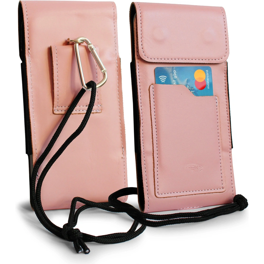 Skórzane etui na szyję / do paska / do szlufki kabura pionowa LURESKO HECTOR XXL 167x78x10mm (różowy gładki biała nić)