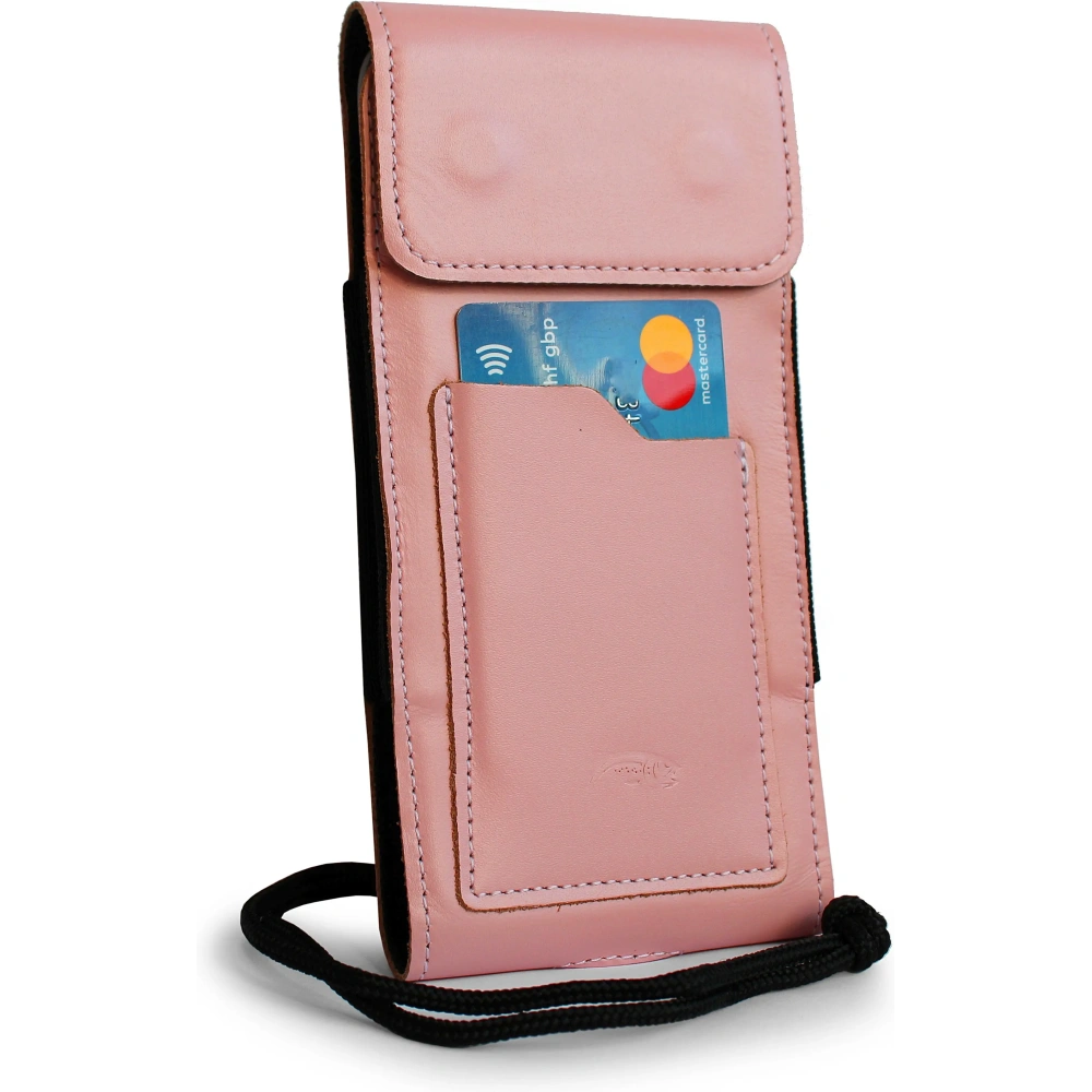 Skórzane etui na szyję / do paska / do szlufki kabura pionowa LURESKO HECTOR XXL 167x78x10mm (różowy gładki biała nić)