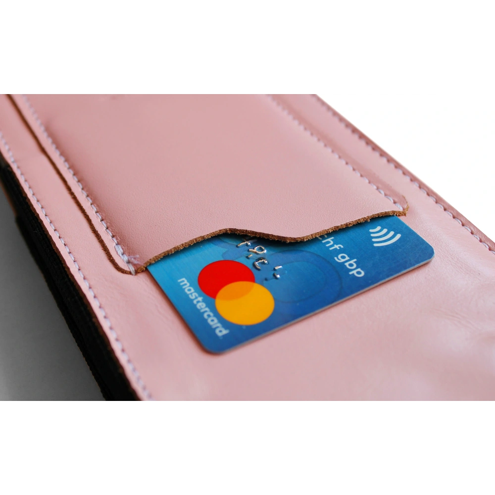 Skórzane etui na szyję / do paska / do szlufki kabura pionowa LURESKO HECTOR XXL 167x78x10mm (różowy gładki biała nić)