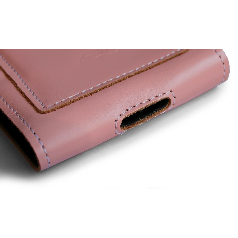 Skórzane etui na szyję / do paska / do szlufki kabura pionowa LURESKO HECTOR XXL 167x78x10mm (różowy gładki biała nić)