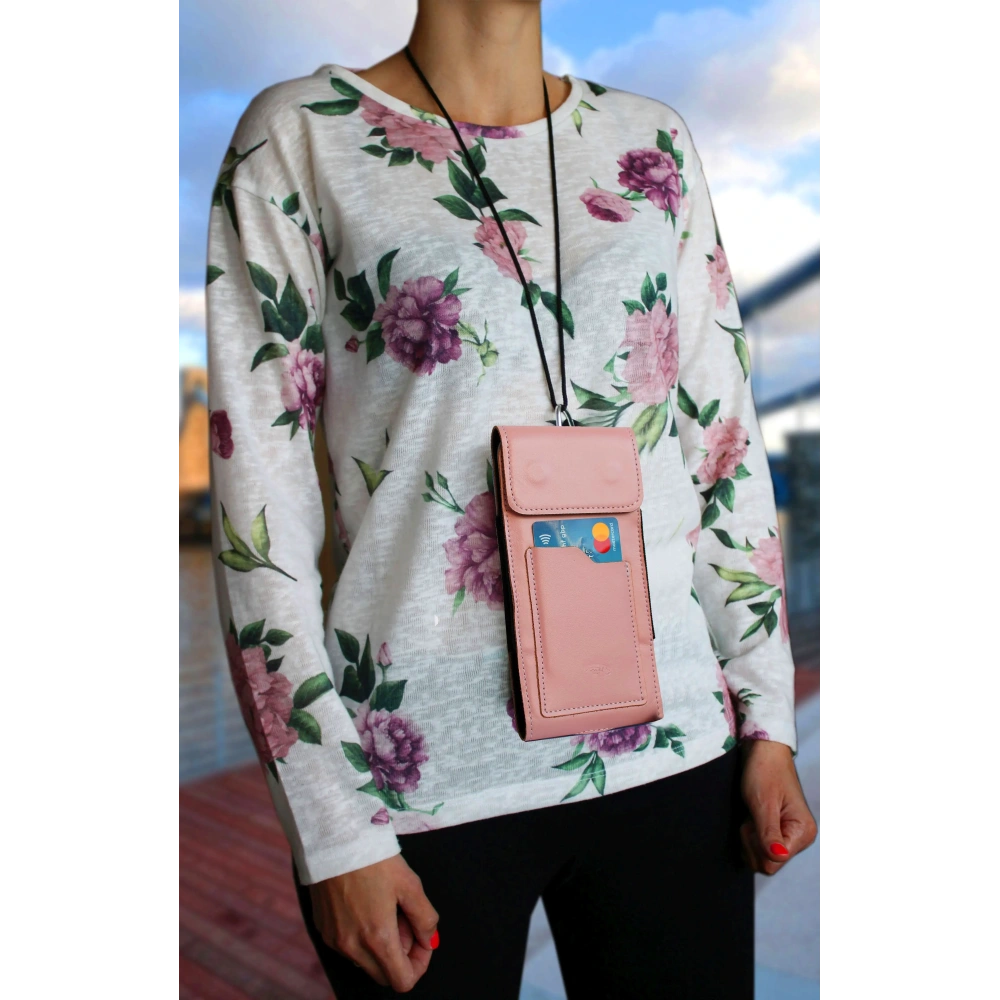 Skórzane etui na szyję / do paska / do szlufki kabura pionowa LURESKO HECTOR XXL 167x78x10mm (różowy gładki biała nić)