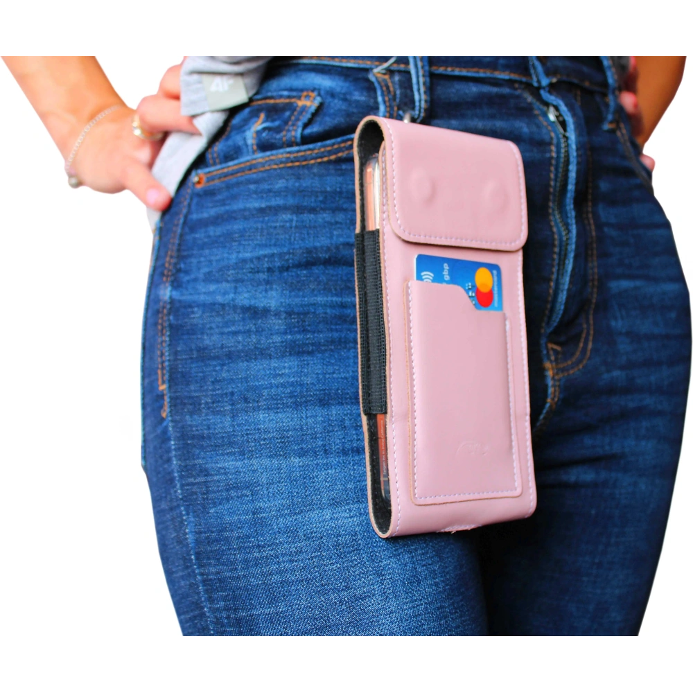 Skórzane etui na szyję / do paska / do szlufki kabura pionowa LURESKO HECTOR XXL 167x78x10mm (różowy gładki biała nić)