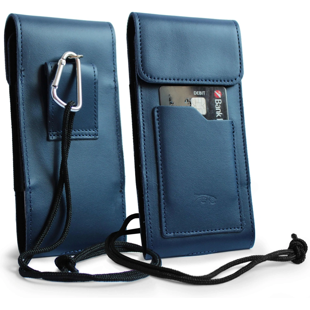 Skórzane etui na szyję / do paska / do szlufki kabura pionowa LURESKO HECTOR XXL 167x78x10mm (niebieski gładki niebieska nić)