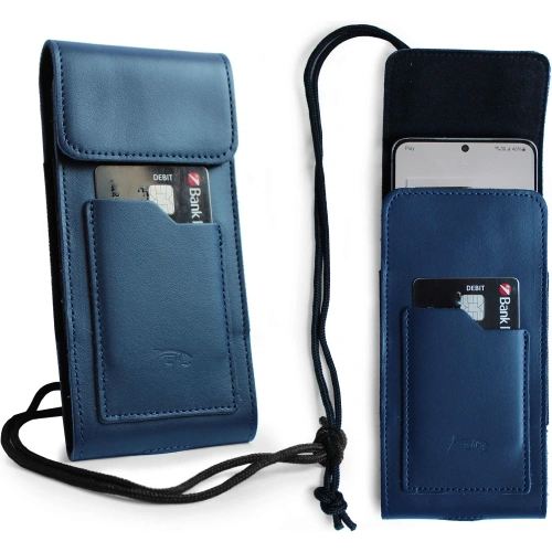 Buy LURESKO HECTOR XXL leather neck case / belt case / loop holster vertical 167x78x10mm (smooth blue with blue thread) - LUR124 - {ean13} - Home Screen Store Europe