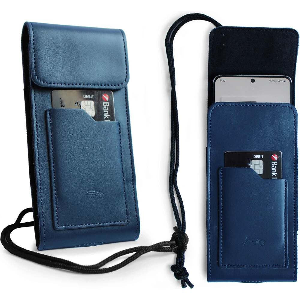 Skórzane etui na szyję / do paska / do szlufki kabura pionowa LURESKO HECTOR XXL 167x78x10mm (niebieski gładki niebieska nić)