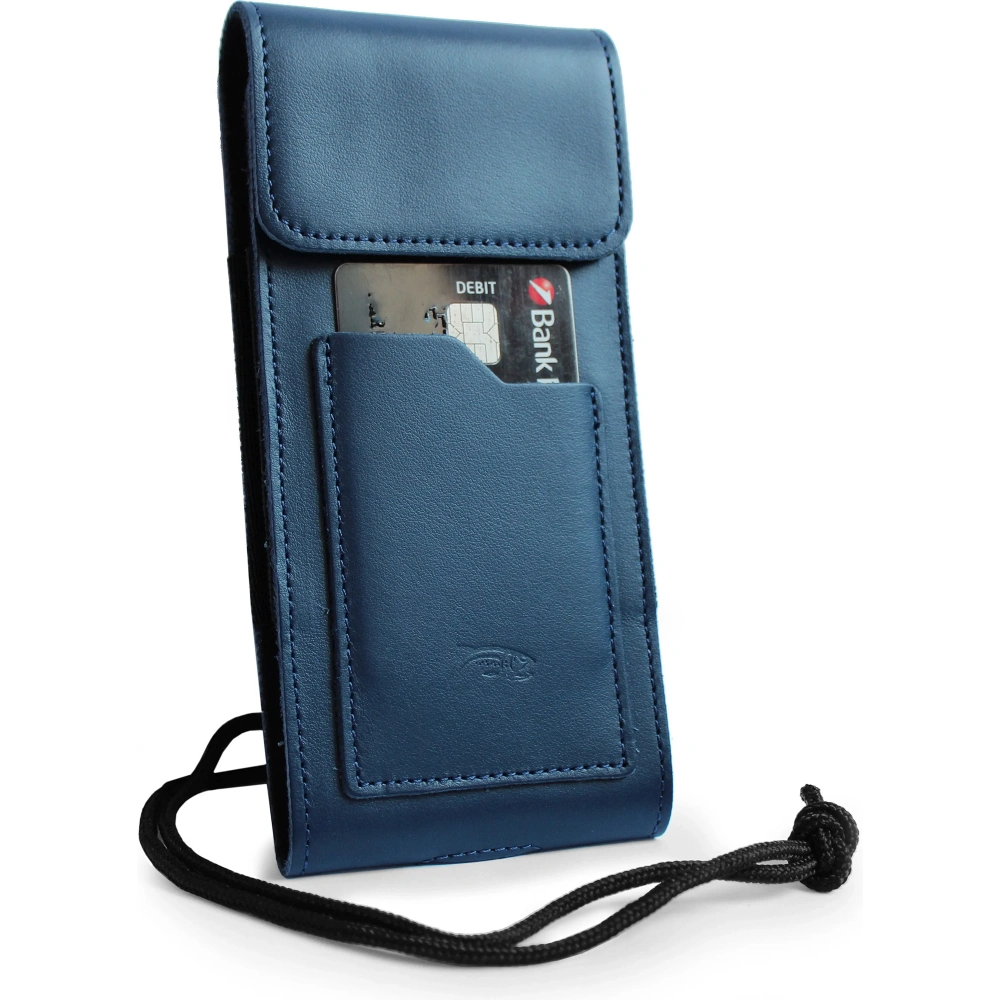 Skórzane etui na szyję / do paska / do szlufki kabura pionowa LURESKO HECTOR XXL 167x78x10mm (niebieski gładki niebieska nić)