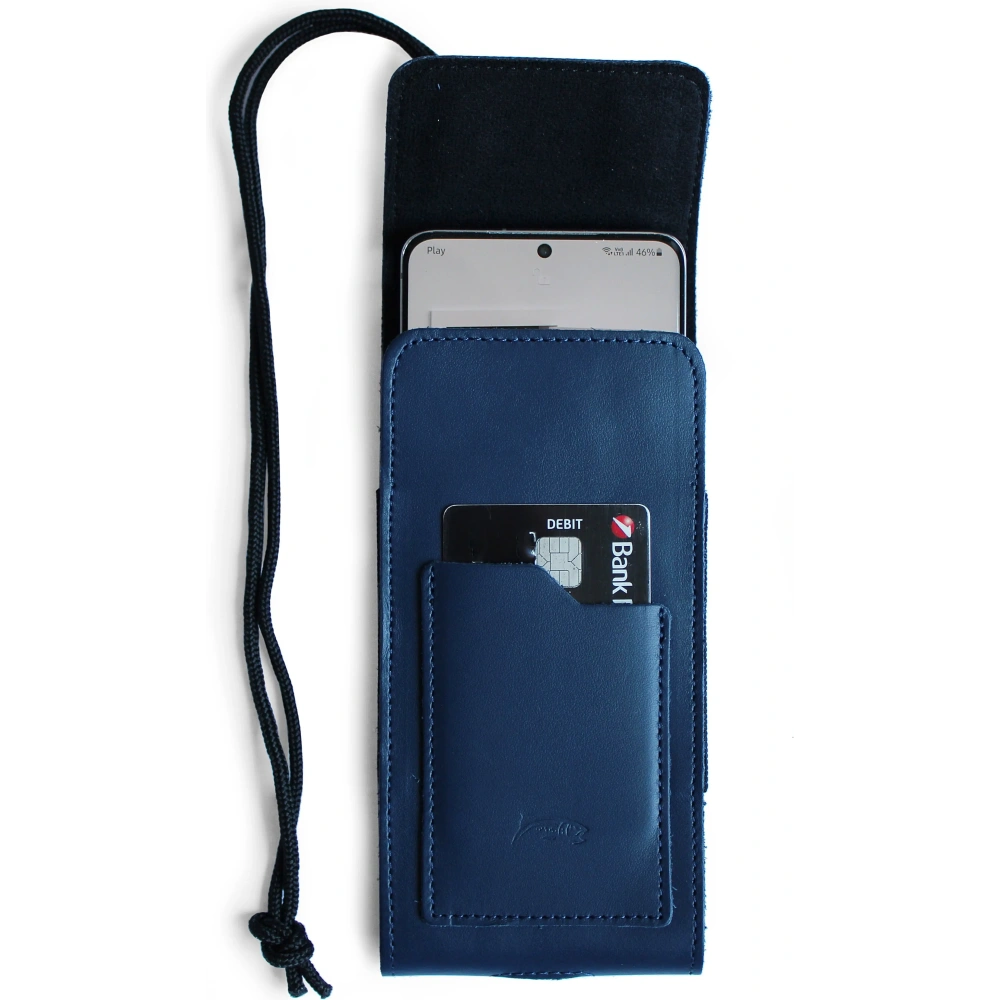 Skórzane etui na szyję / do paska / do szlufki kabura pionowa LURESKO HECTOR XXL 167x78x10mm (niebieski gładki niebieska nić)