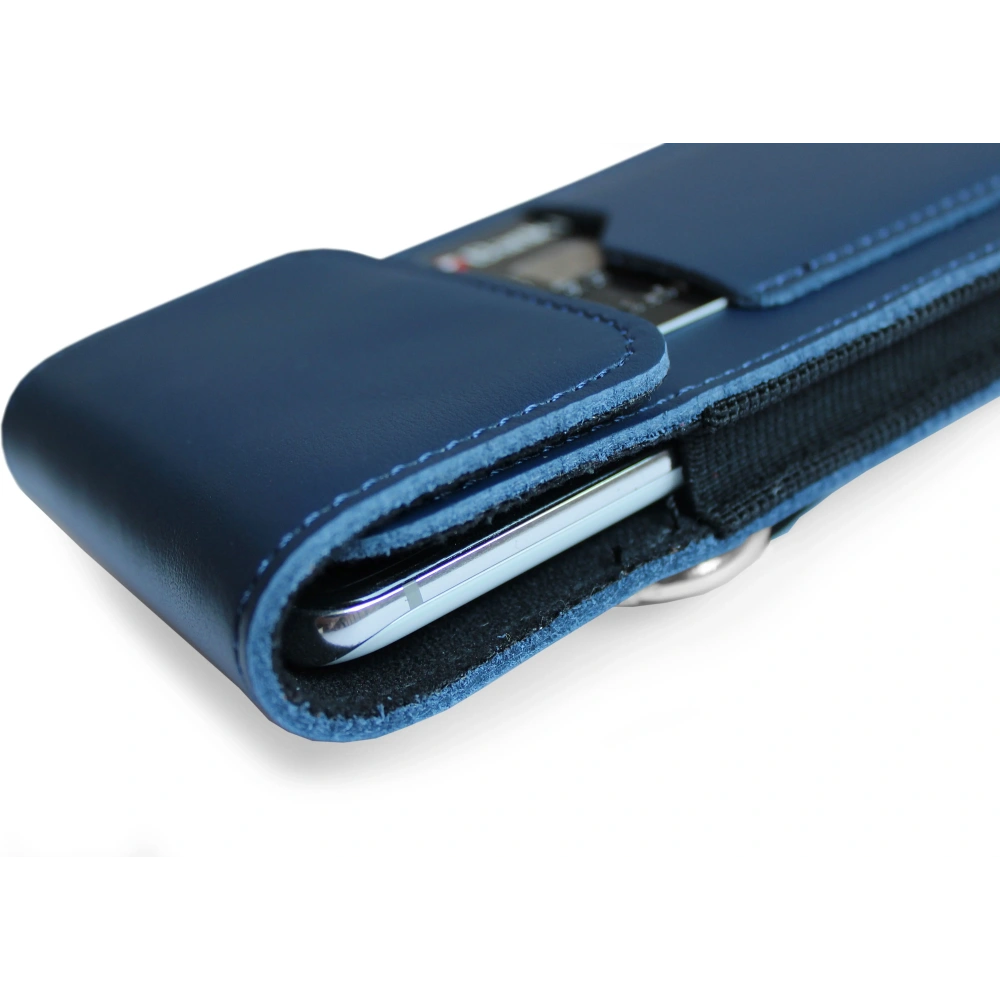 Skórzane etui na szyję / do paska / do szlufki kabura pionowa LURESKO HECTOR XXL 167x78x10mm (niebieski gładki niebieska nić)