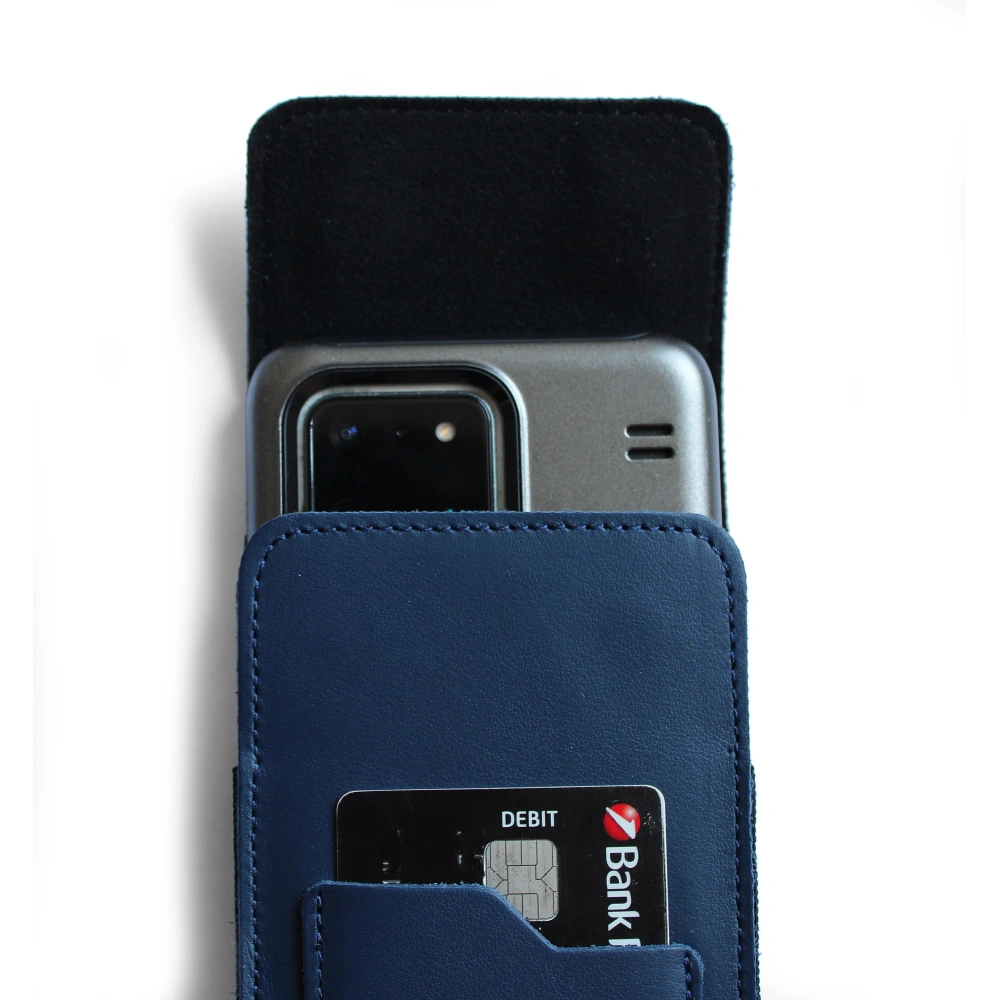 Skórzane etui na szyję / do paska / do szlufki kabura pionowa LURESKO HECTOR XXL 167x78x10mm (niebieski gładki niebieska nić)