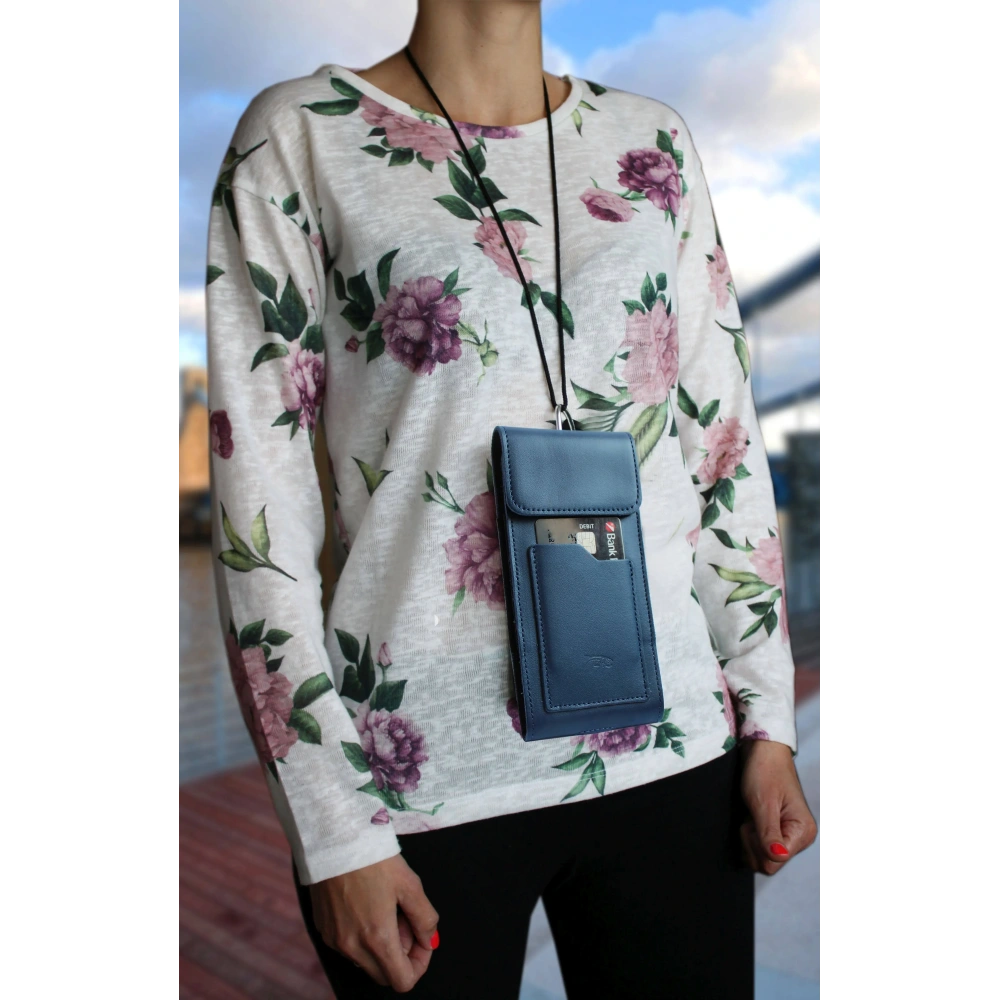 Skórzane etui na szyję / do paska / do szlufki kabura pionowa LURESKO HECTOR XXL 167x78x10mm (niebieski gładki niebieska nić)