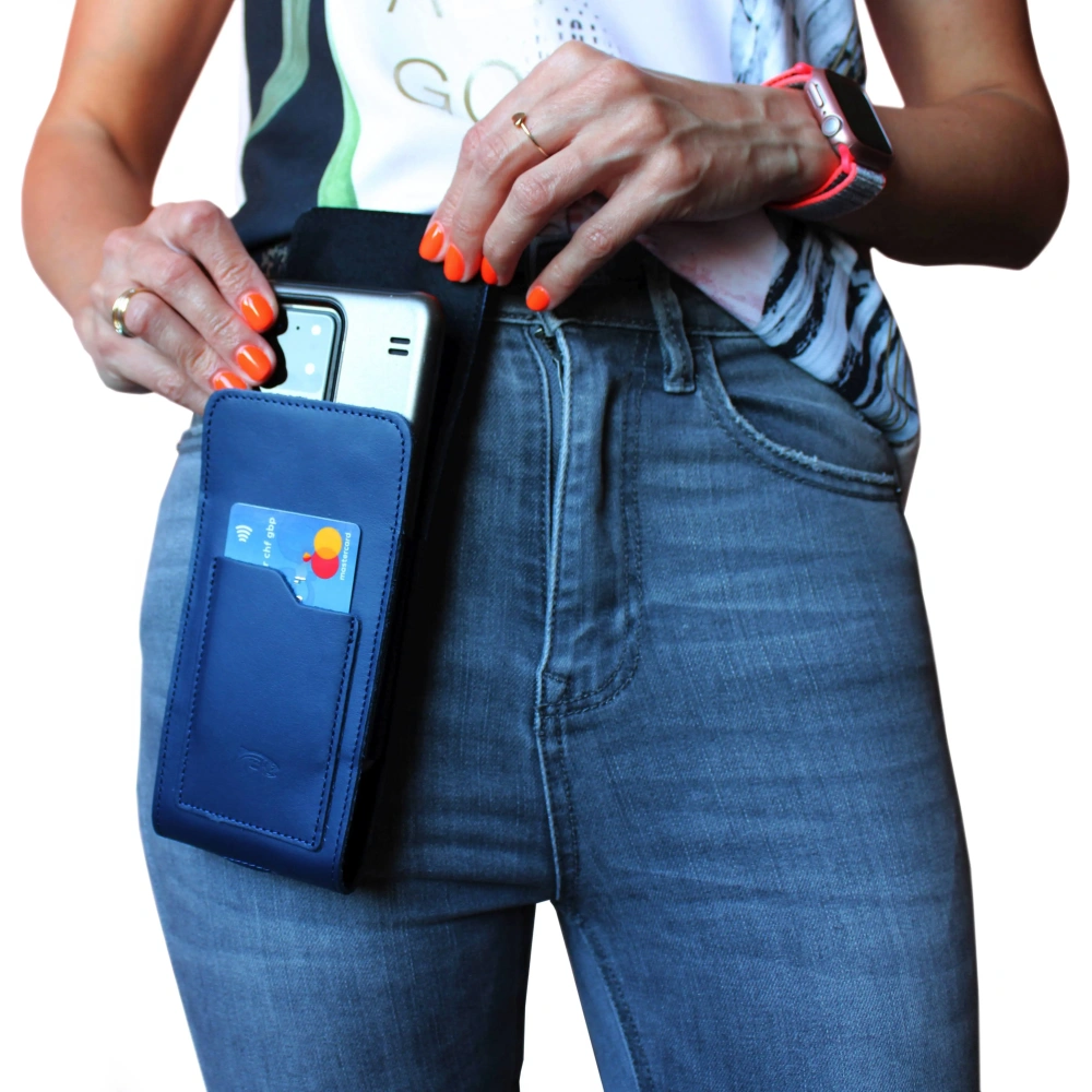 Skórzane etui na szyję / do paska / do szlufki kabura pionowa LURESKO HECTOR XXL 167x78x10mm (niebieski gładki niebieska nić)