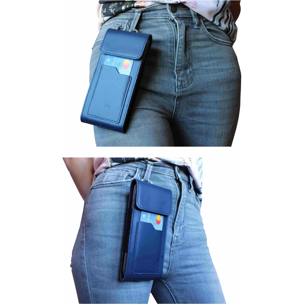 Skórzane etui na szyję / do paska / do szlufki kabura pionowa LURESKO HECTOR XXL 167x78x10mm (niebieski gładki niebieska nić)