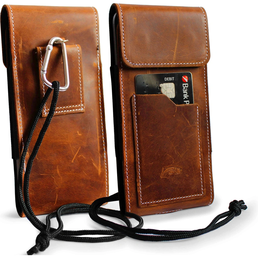 Skórzane etui na szyję / do paska / do szlufki kabura pionowa LURESKO HECTOR XXL 167x78x10mm (jasny brąz vintage biała nić)