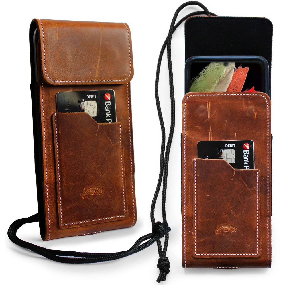 Skórzane etui na szyję / do paska / do szlufki kabura pionowa LURESKO HECTOR XXL 167x78x10mm (jasny brąz vintage biała nić)