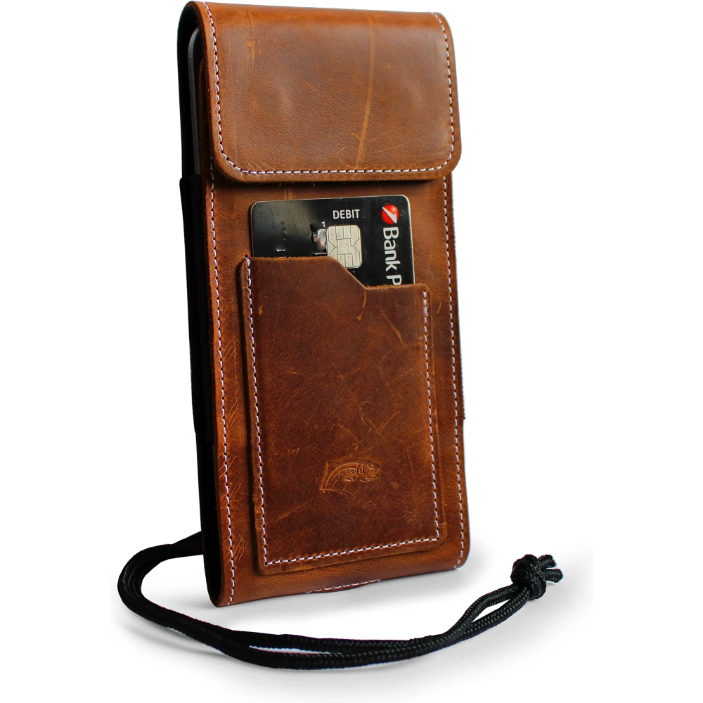 Skórzane etui na szyję / do paska / do szlufki kabura pionowa LURESKO HECTOR XXL 167x78x10mm (jasny brąz vintage biała nić)