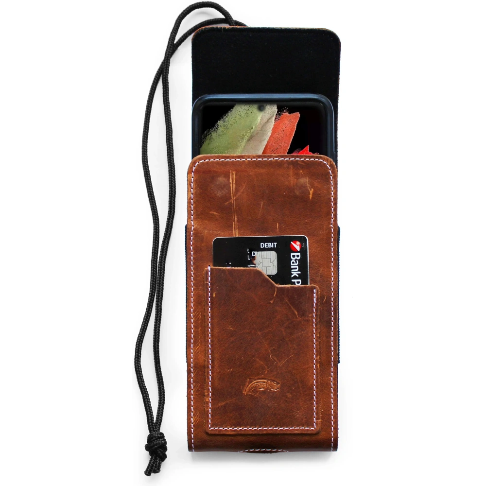 Skórzane etui na szyję / do paska / do szlufki kabura pionowa LURESKO HECTOR XXL 167x78x10mm (jasny brąz vintage biała nić)