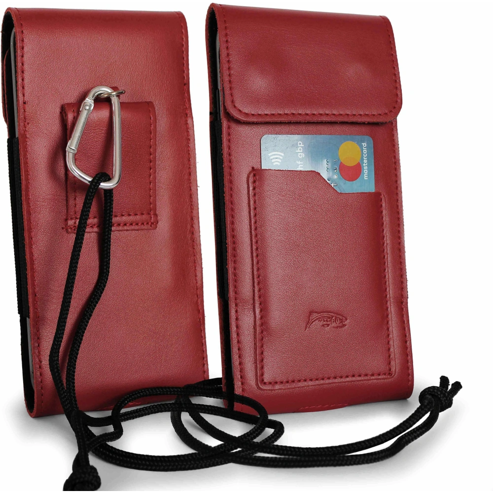 Skórzane etui na szyję / do paska / do szlufki kabura pionowa LURESKO HECTOR XXL 167x78x10mm (czerwony gładki czerwona nić)