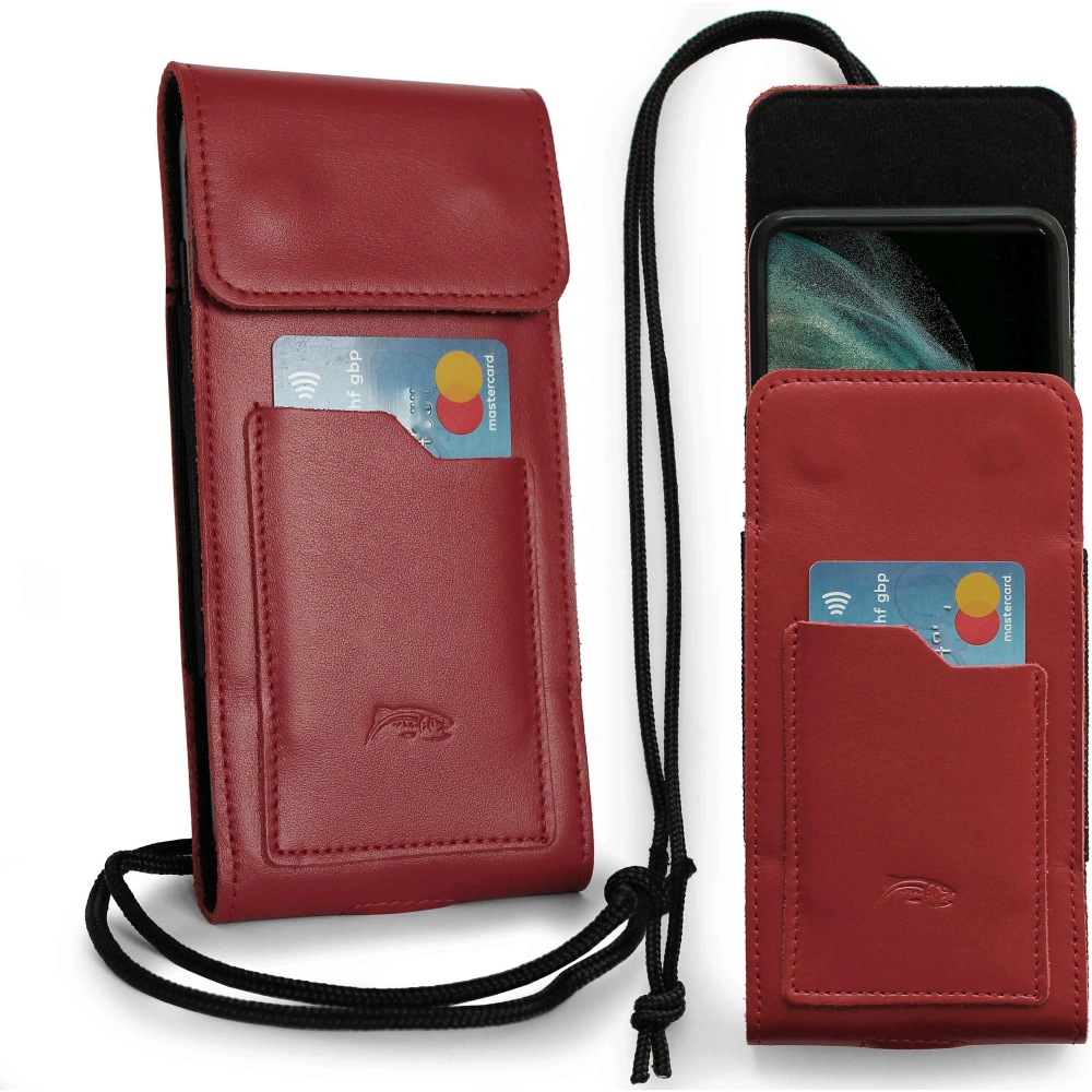 Skórzane etui na szyję / do paska / do szlufki kabura pionowa LURESKO HECTOR XXL 167x78x10mm (czerwony gładki czerwona nić)