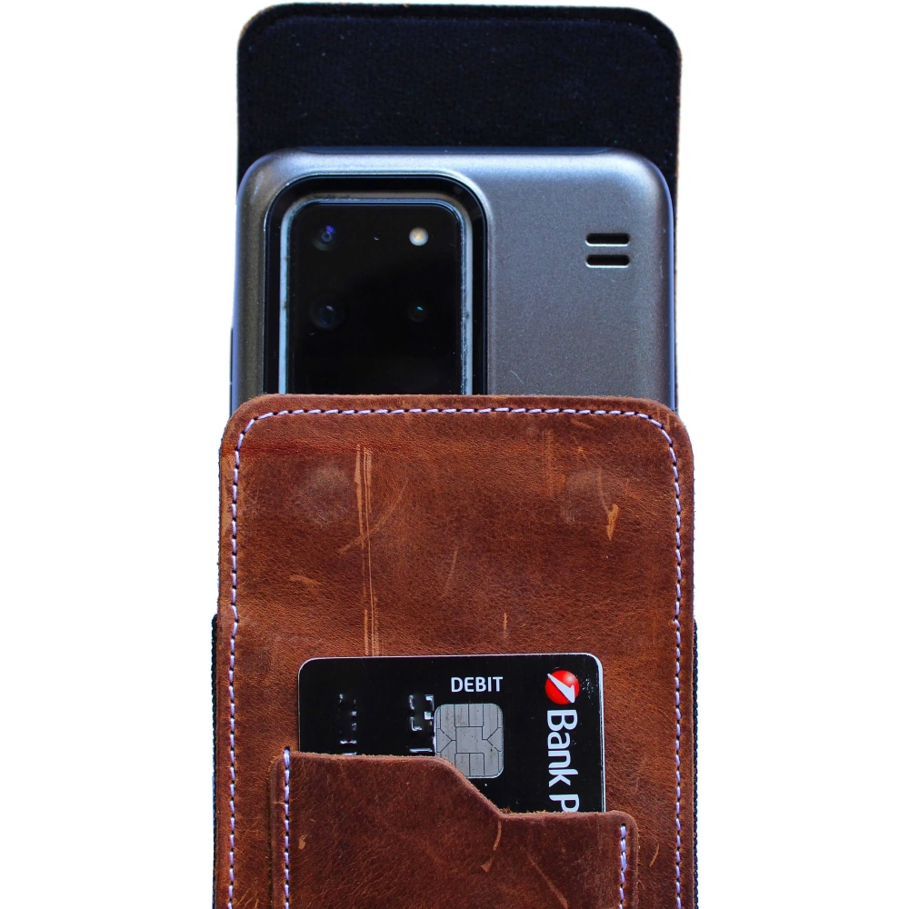 Skórzane etui na szyję / do paska / do szlufki kabura pionowa LURESKO HECTOR XXL 167x78x10mm (jasny brąz vintage biała nić)