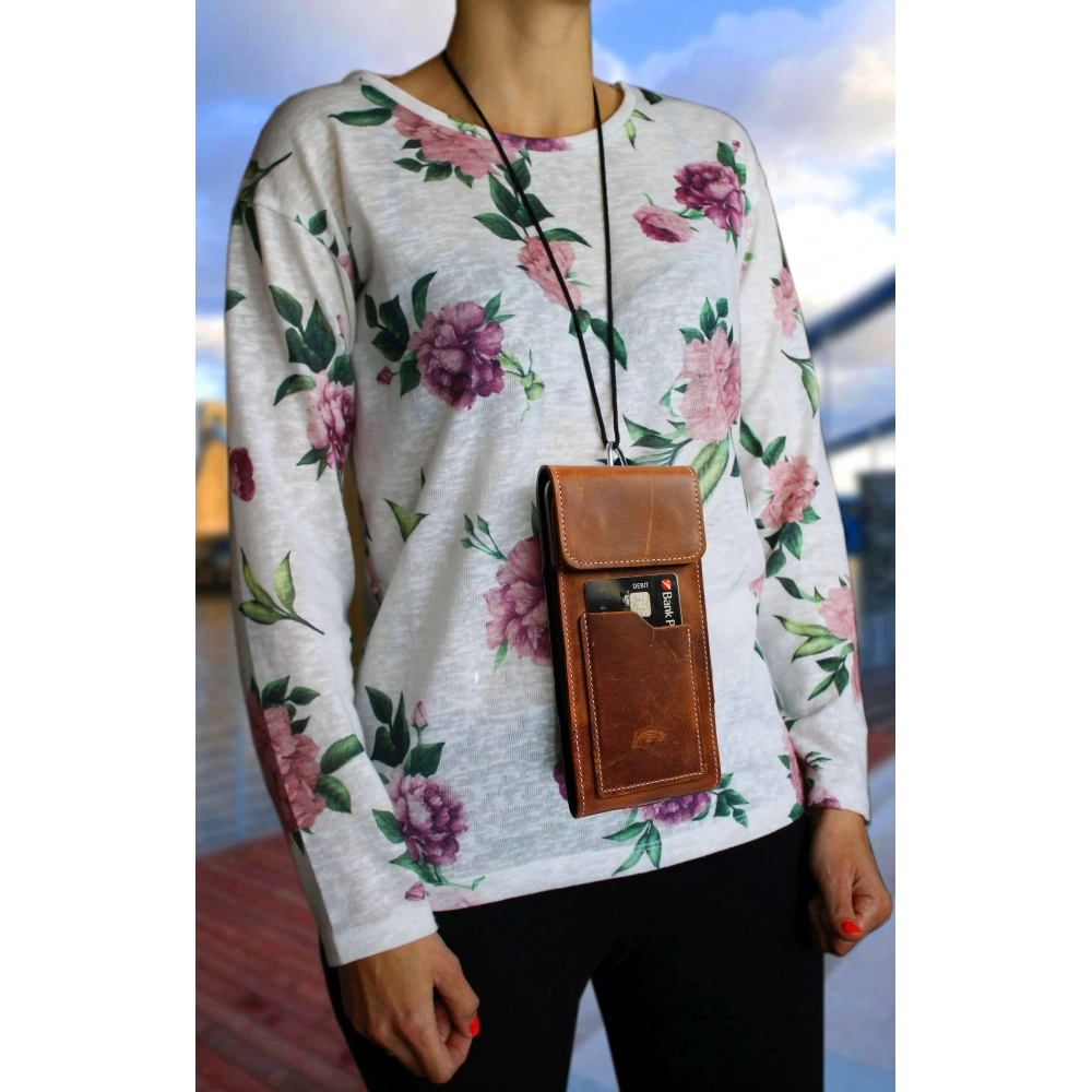 Skórzane etui na szyję / do paska / do szlufki kabura pionowa LURESKO HECTOR XXL 167x78x10mm (jasny brąz vintage biała nić)