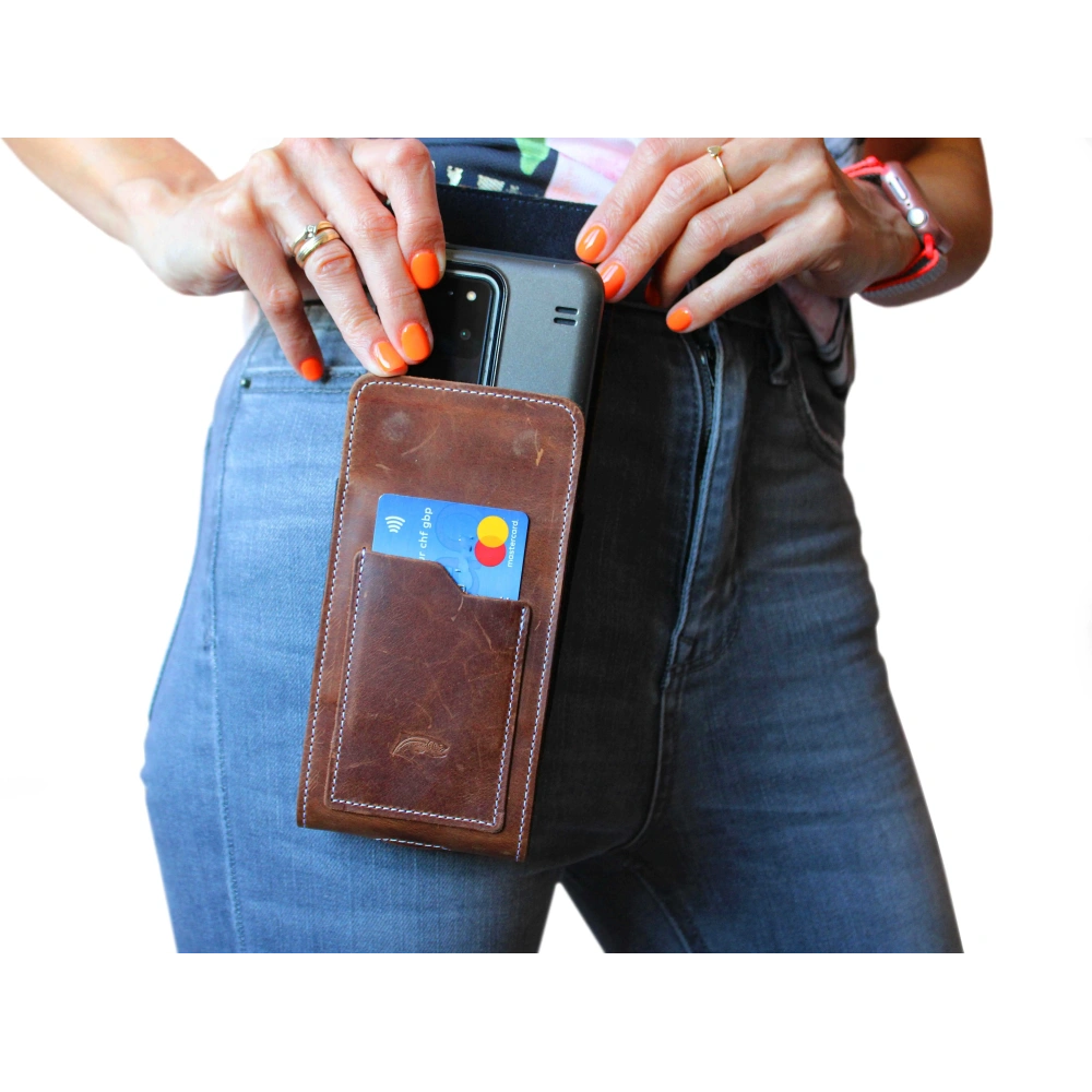 Skórzane etui na szyję / do paska / do szlufki kabura pionowa LURESKO HECTOR XXL 167x78x10mm (jasny brąz vintage biała nić)